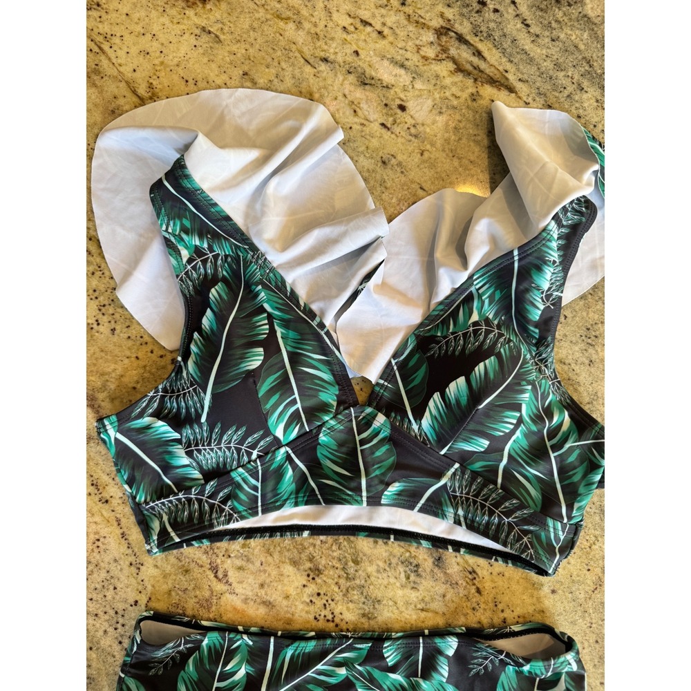 Tropical Green Leaf Ruffle High Waisted Bikini Set Two Piece Swimsuit Small - Picture 12 of 13